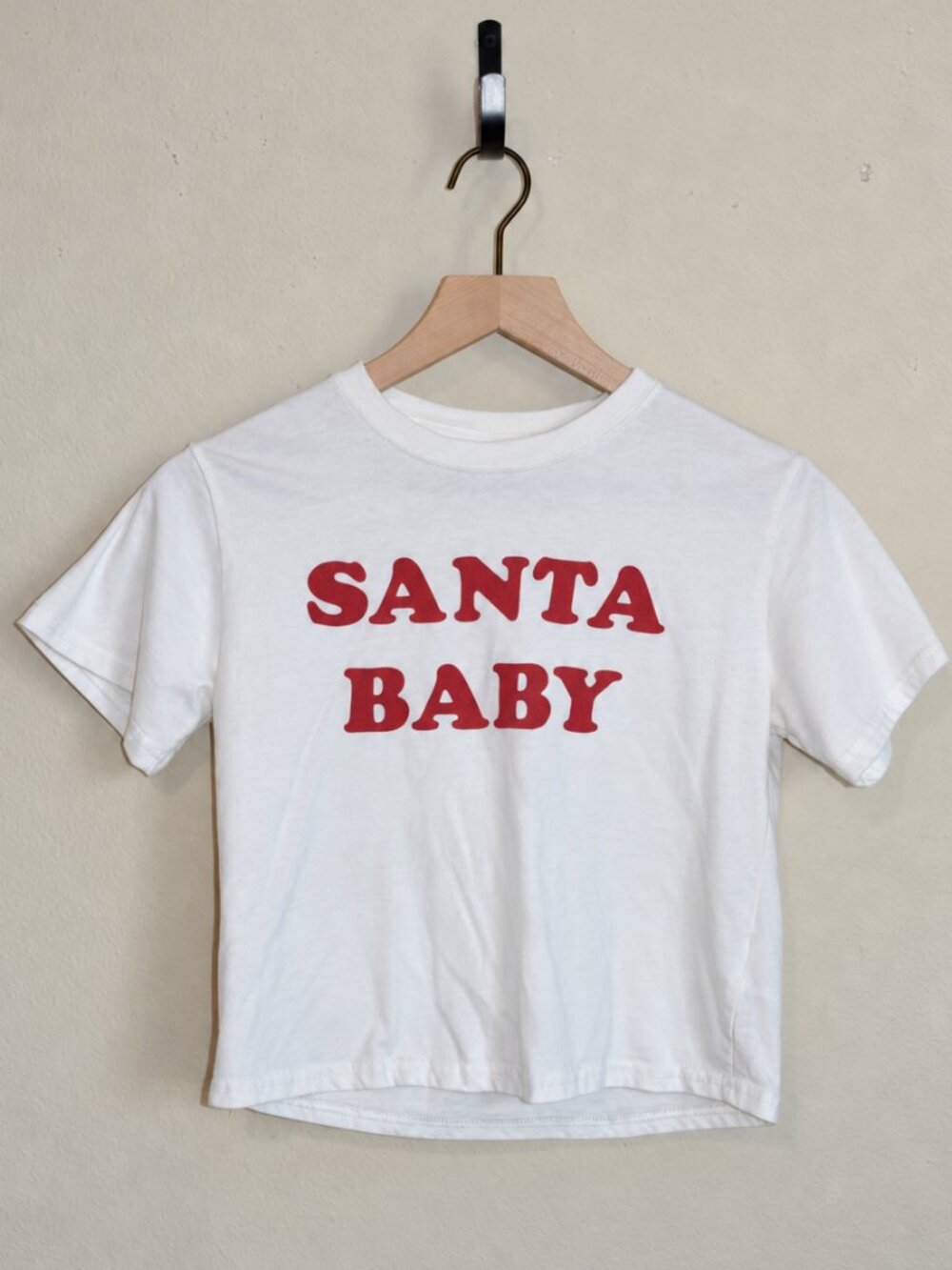 Mighty Fine Santa Baby Christmas Cropped Tee XS White Red Holiday Graphic